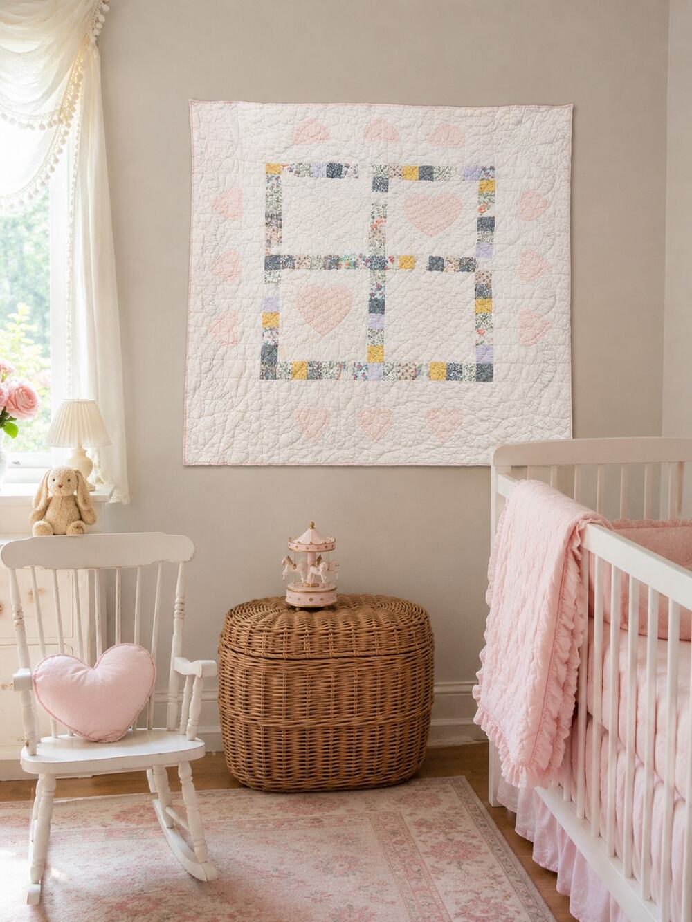 Vintage Hand Quilted Baby Quilt Handmade Nursery Wall Hanging